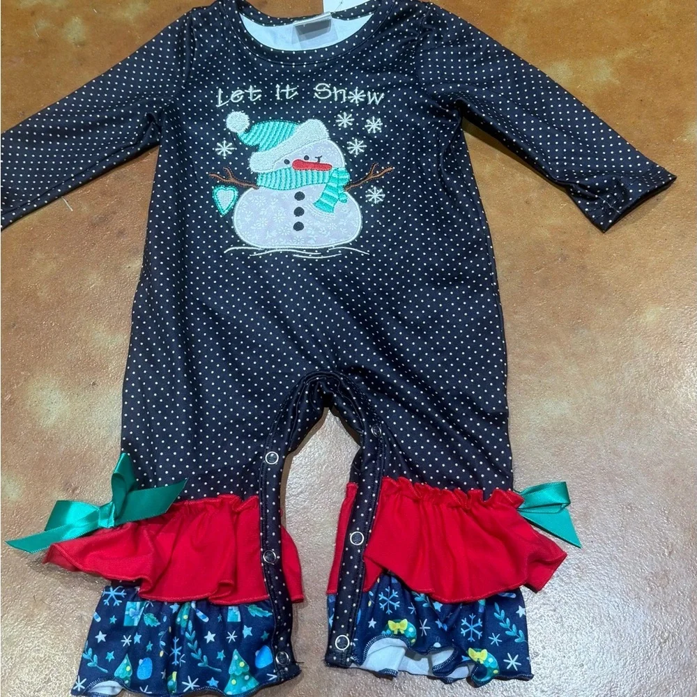 New Festive Snowman Baby Romper with Ruffle Accents